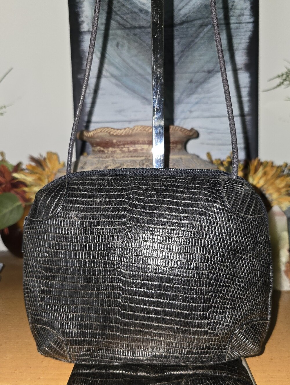 Furla Vintage Black Round Lizard-Embossed Crossbody Bag